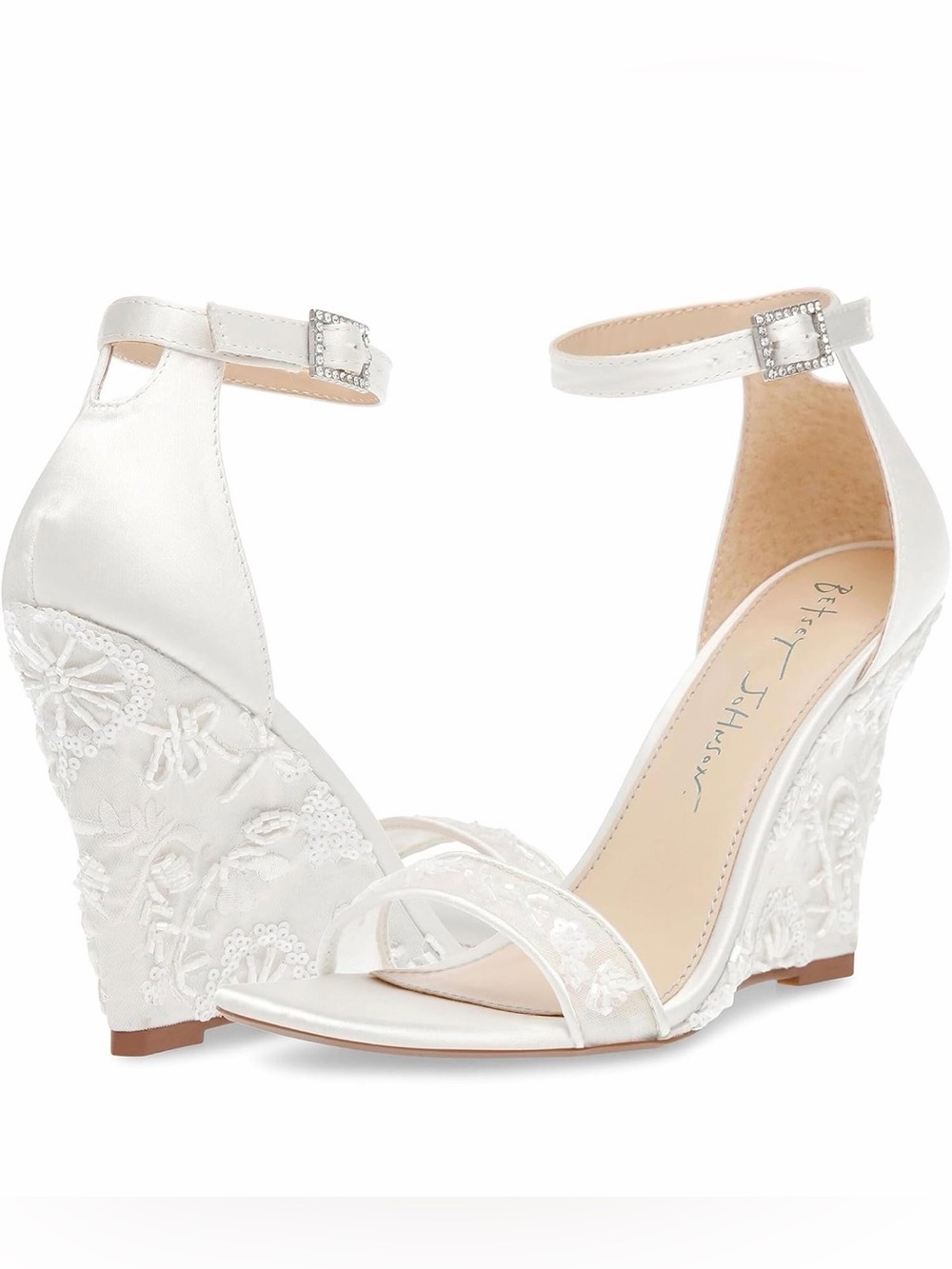 Betsey Johnson Ivan Ivory Satin Embroidered Wedge Sandals Size 7